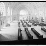 The original benches of the station are clearly visible in this photo.  Photo public domain from Library of Congress.